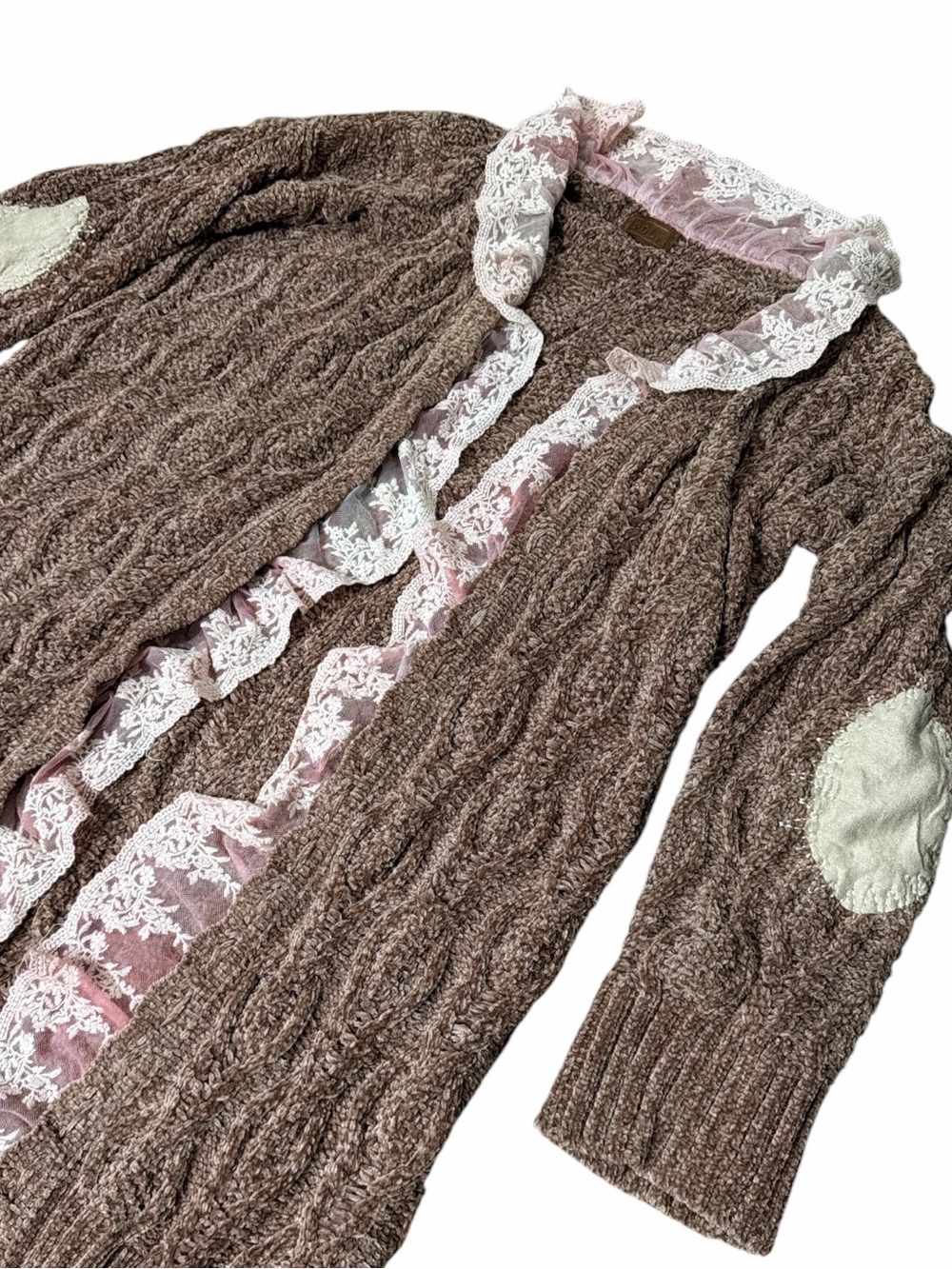 POL NWOT Chenille Brown Cable Knit Cardigan with Pink Lace Trim